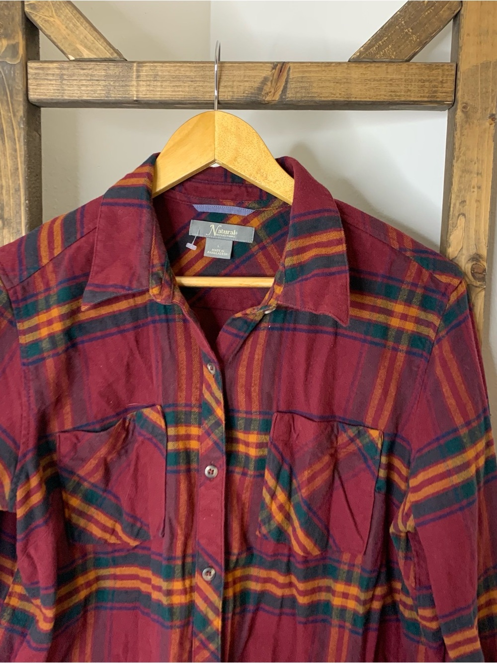 Natural Reflections Maroon Plaid Button-Up Shirt Stripes Size L - Picture 2 of 6